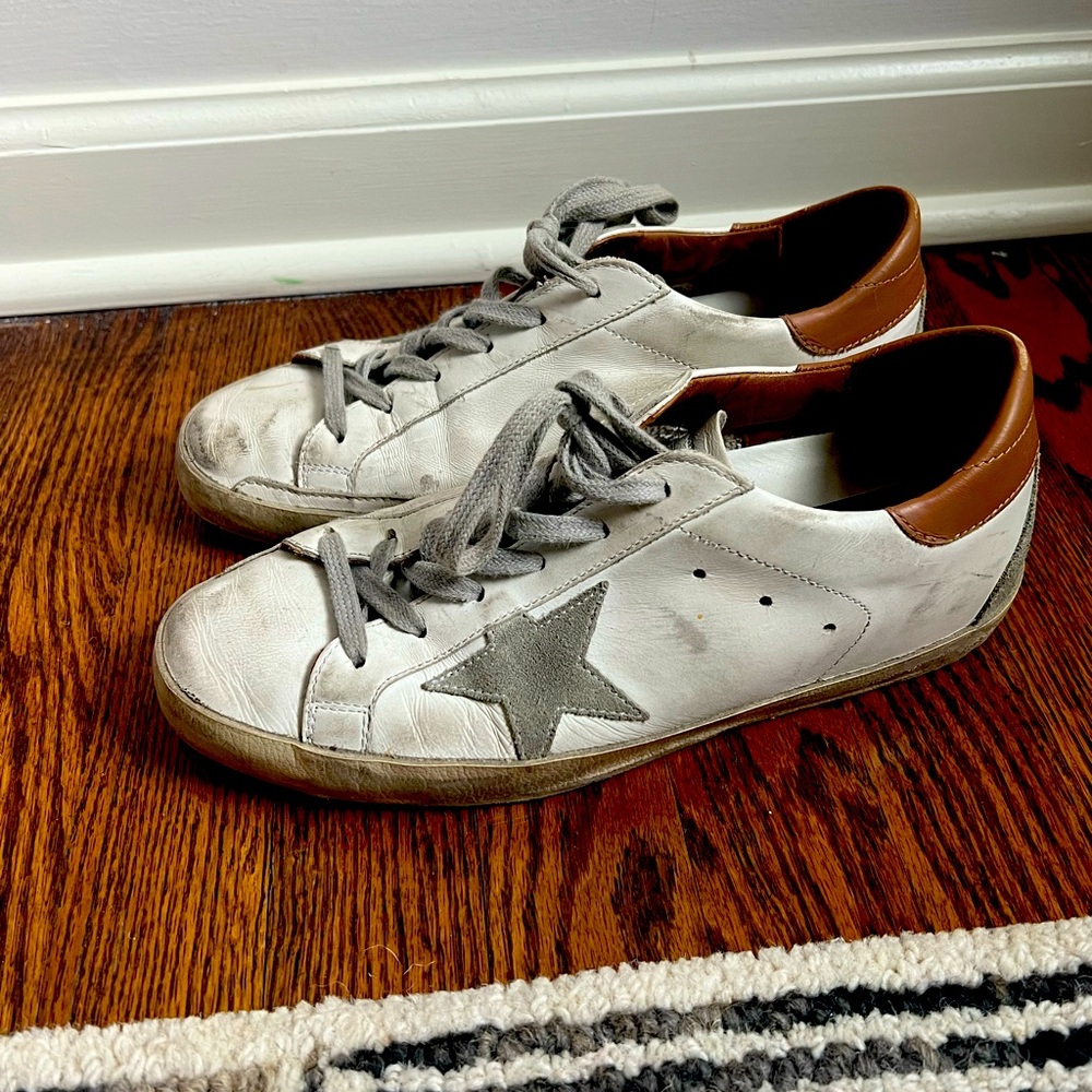 Golden Goose Super Star white and tan sneakers